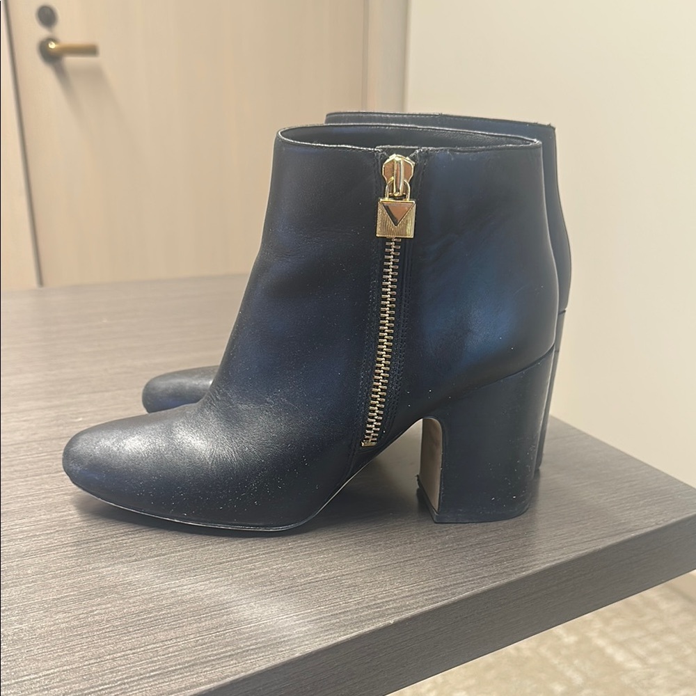 Michael Kors Black Leather Ankle Boots with Gold Zipper